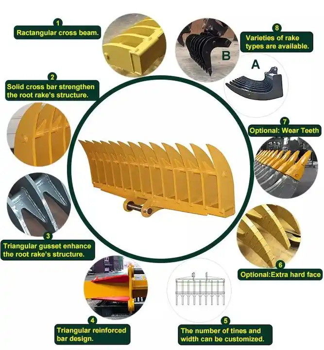 10-20T Root Rake cho máy đào quét các mảnh vỡ cồng kềng dài còn lại trên mặt đất
